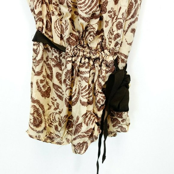 UNITED COLORS OF BENETTON Women Cream Brown Tunic Top SMALL Floral Flared Sleeve - Picture 4 of 9